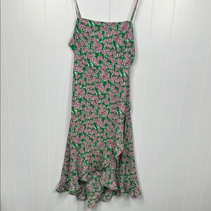 Timing Womens MIdi Dress XL Green Pink Floral Adj Straps Hi-Lo Hemline Open Back